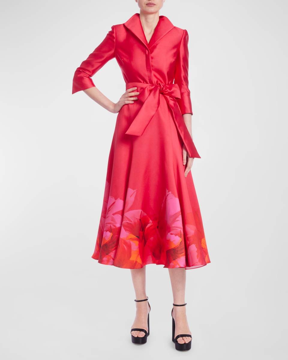 3/4-Sleeve Belted Floral-Print Midi Shirtdress